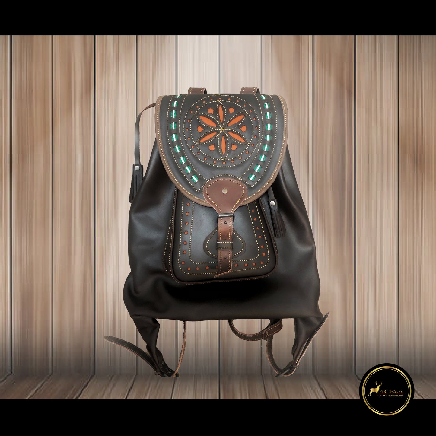 Morral de caza de Andalucía calado marrón, mochila de cazador con bolsillo para licencia de caza, cuero de primera