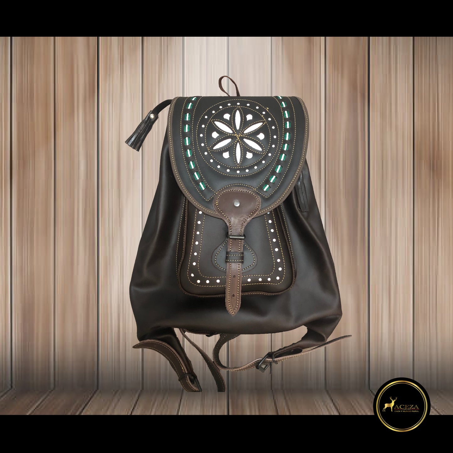 Morral de caza de cuero con motivo de la bandera de Andalucía, Zurrón de Andalucía de cuero parra la caza con bolsillo para licencia de caza