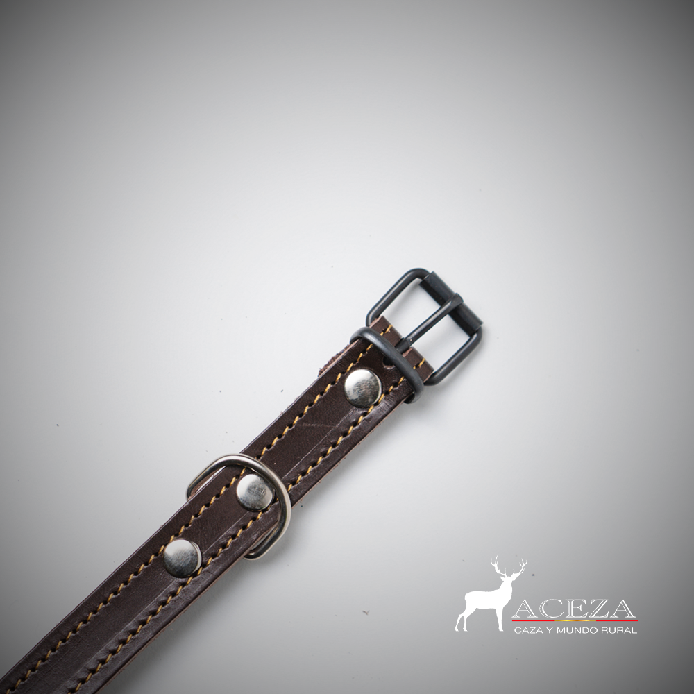 detalle de la hebilla del collar de perro de piel frontal con fondo blanco