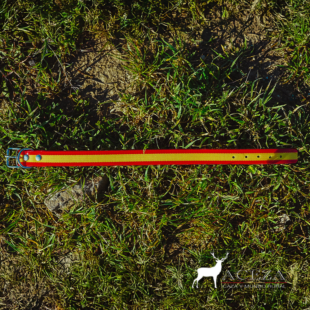 Collar de biothane con la bandera de España abierto en el cesped
