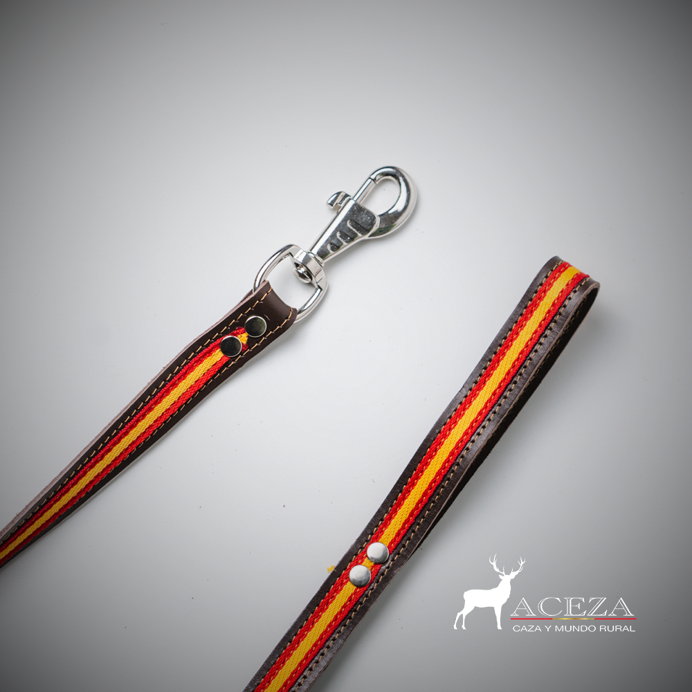 Detalle de la correa de cuero premium con franja de colores inspirada en la bandera de España, mostrando el broche metálico.