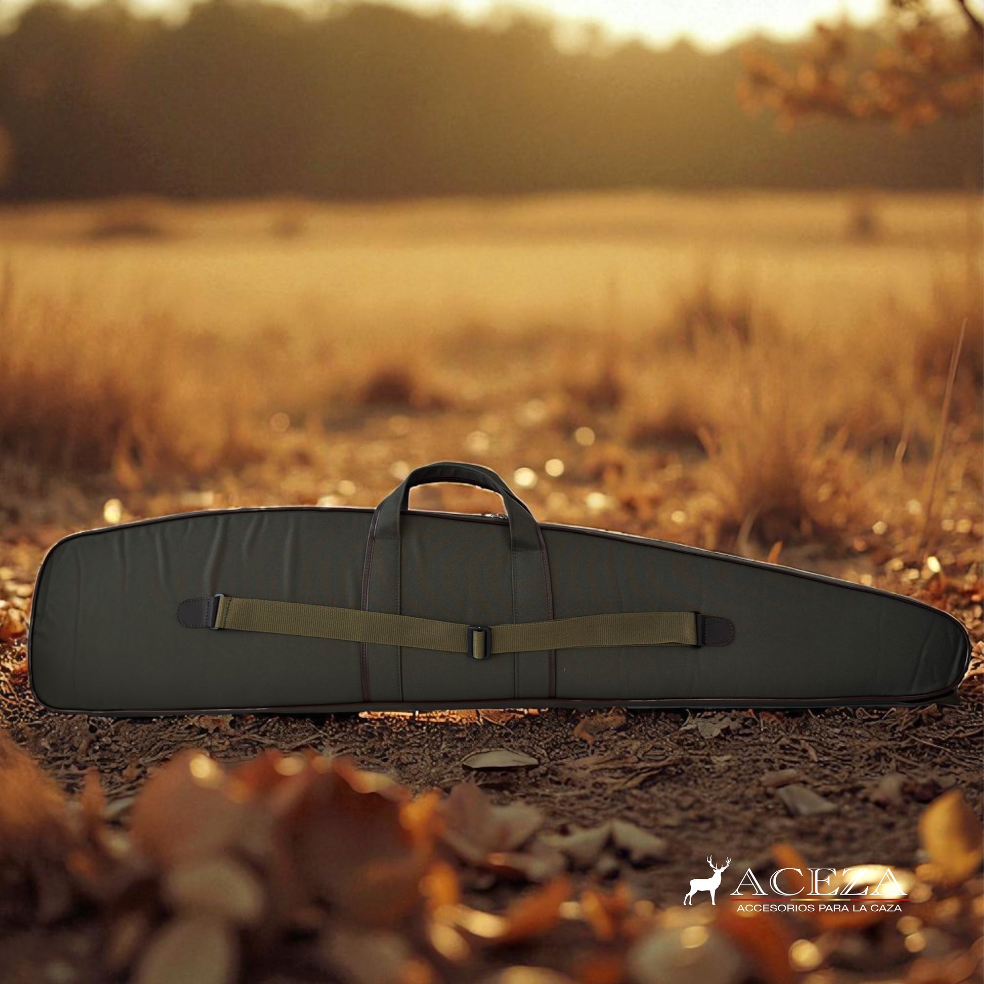 Vista trasera de funda de rifle Aceza con correa ajustable para transporte.