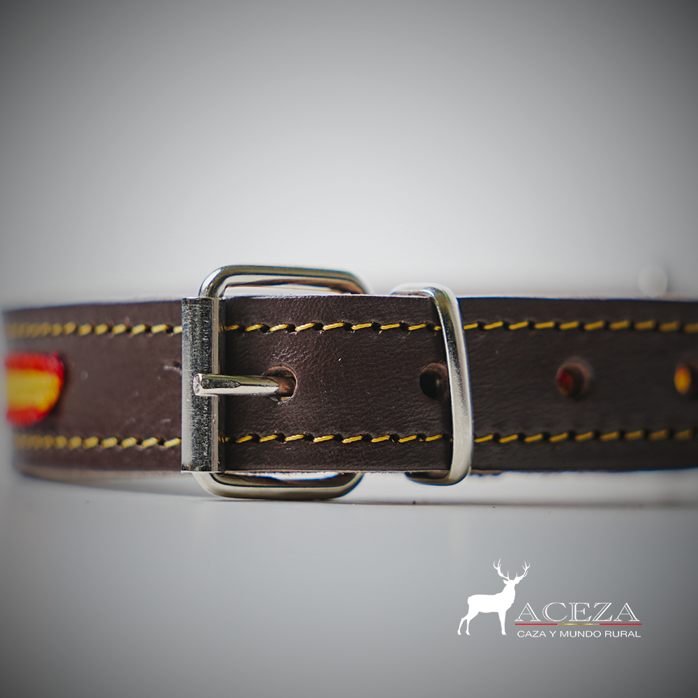 detalle de hebilla de collar de perro con la bandera de españa en fondo blanco