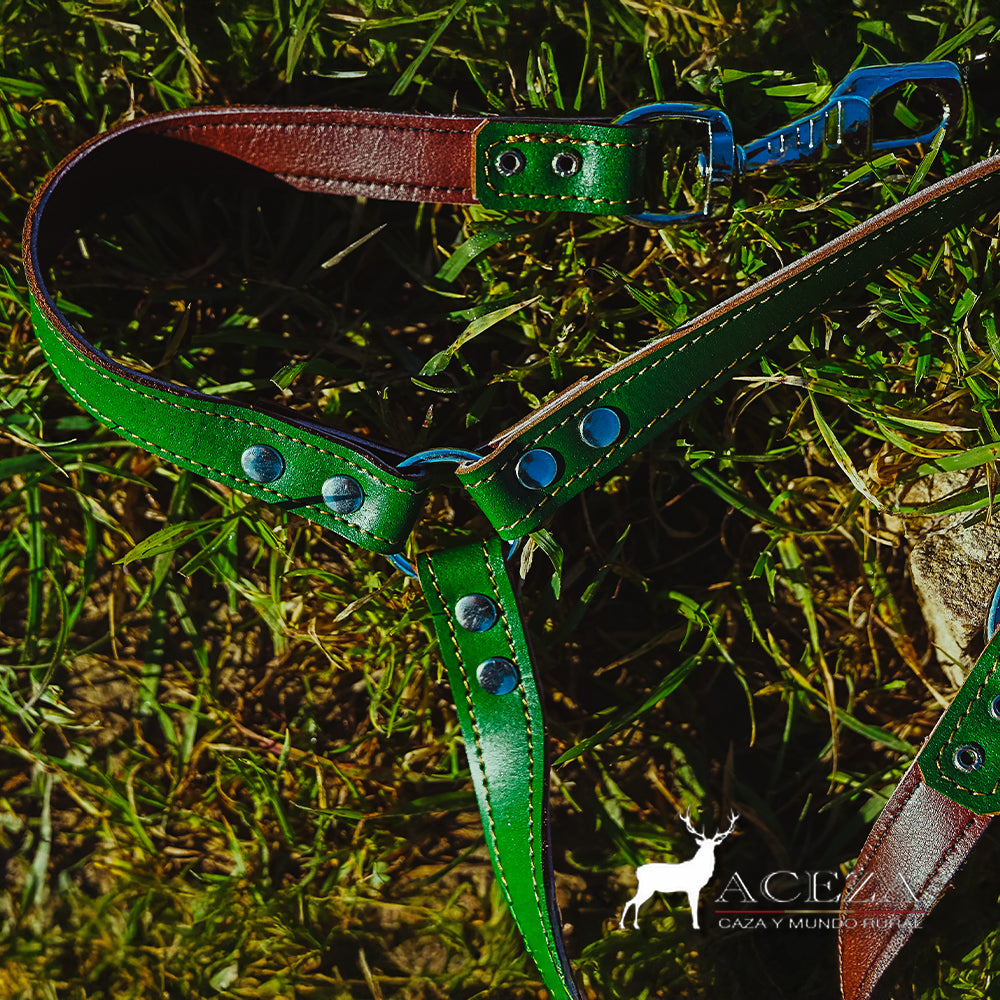 Detalle del broche metálico de la correa de cuero calado en color verde.